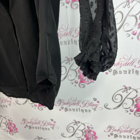 Laundry By Shelli Segal long sleeve dotted Polka dot buttons Black Sheer Blouse - Picture 6 of 13